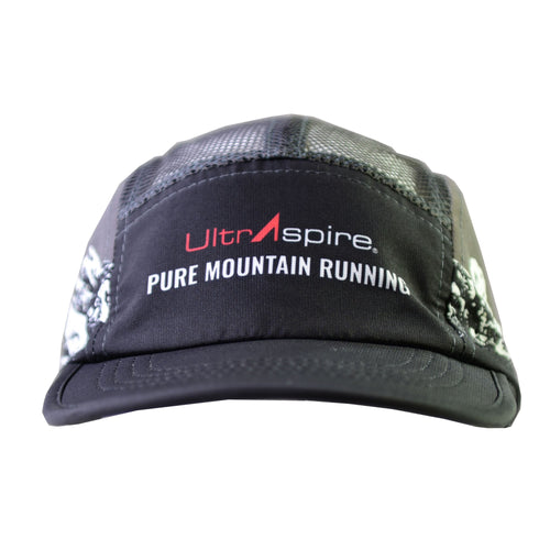 Black running cap with UltrAspire logo on a white background