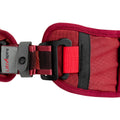 Hook access detail of the UltrAspire Lumen Ally waist belt attachment in burgundy