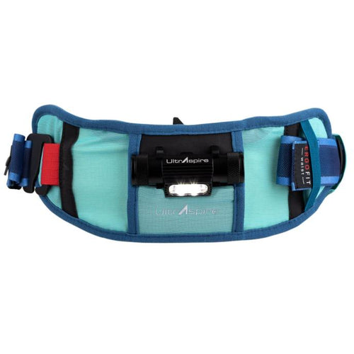 Front view of the UltrAspire Lumen Ally waist belt attachment in lagoon navy
